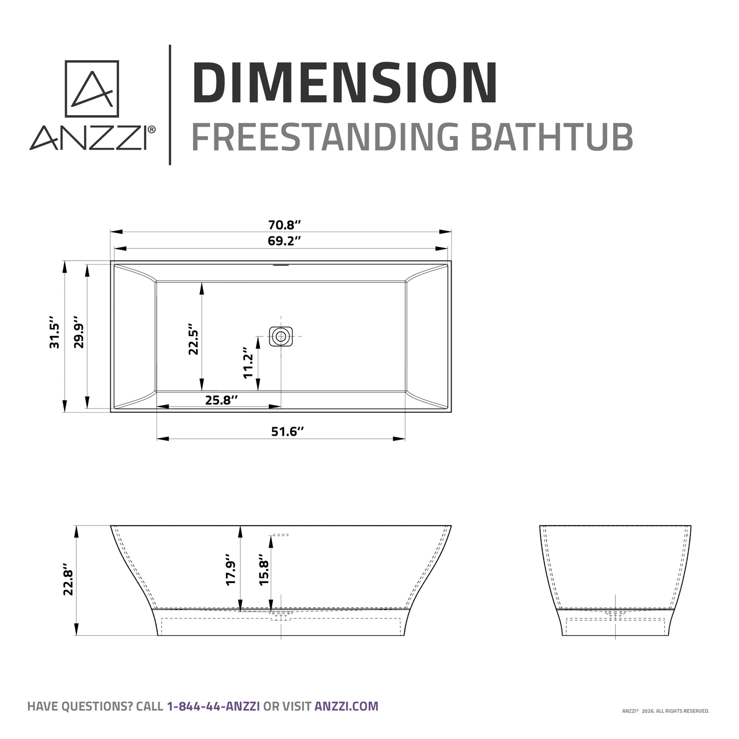 Kayenge Series 71 in. x 32 in. Flat Bottom Solid Surface Freestanding Soaking Bathtub with Center Drain in Matte White
