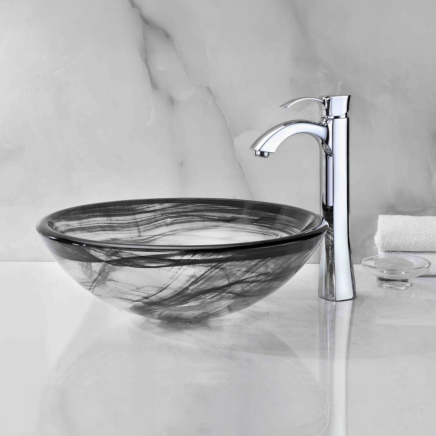 Mezzo Series 17 in. Round Bathroom Vessel Sink with Stain-Resistant Non-Porous Surface in Slumber Wisp Finish Glass