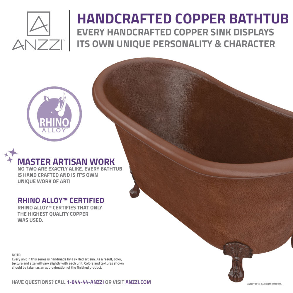 Aeris 66 in. Handmade Copper Double Slipper Clawfoot Non-Whirlpool Bathtub in Hammered Antique Copper