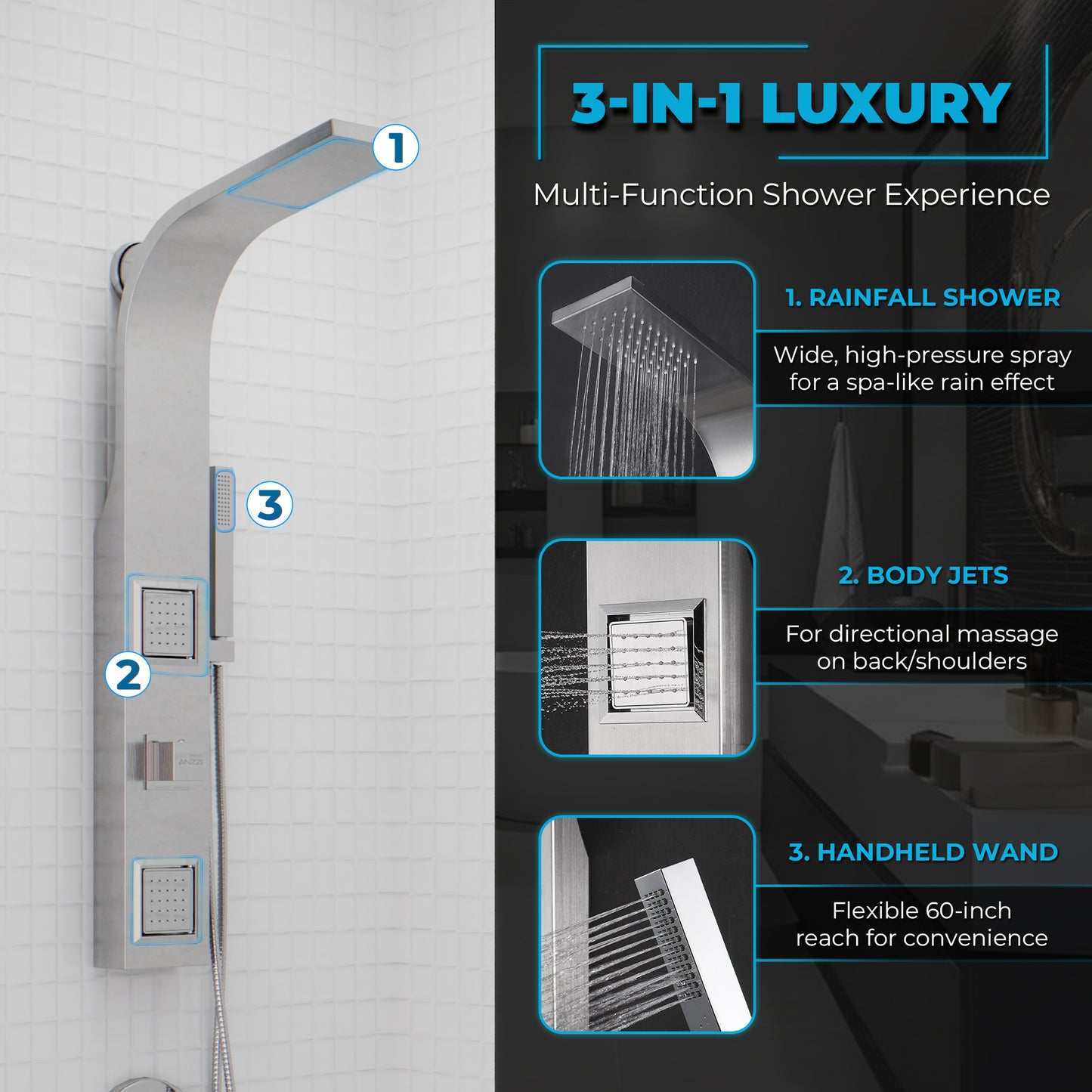 Aura 2-Jetted Shower Panel with Heavy Rain Shower & Spray Wand
