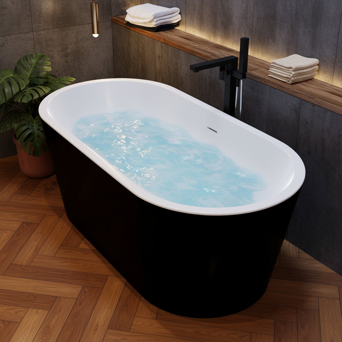 Chand Series 59 in. x 30 in. Flat Bottom Acrylic Freestanding Soaking Bathtub with Center Drain in Glossy Black