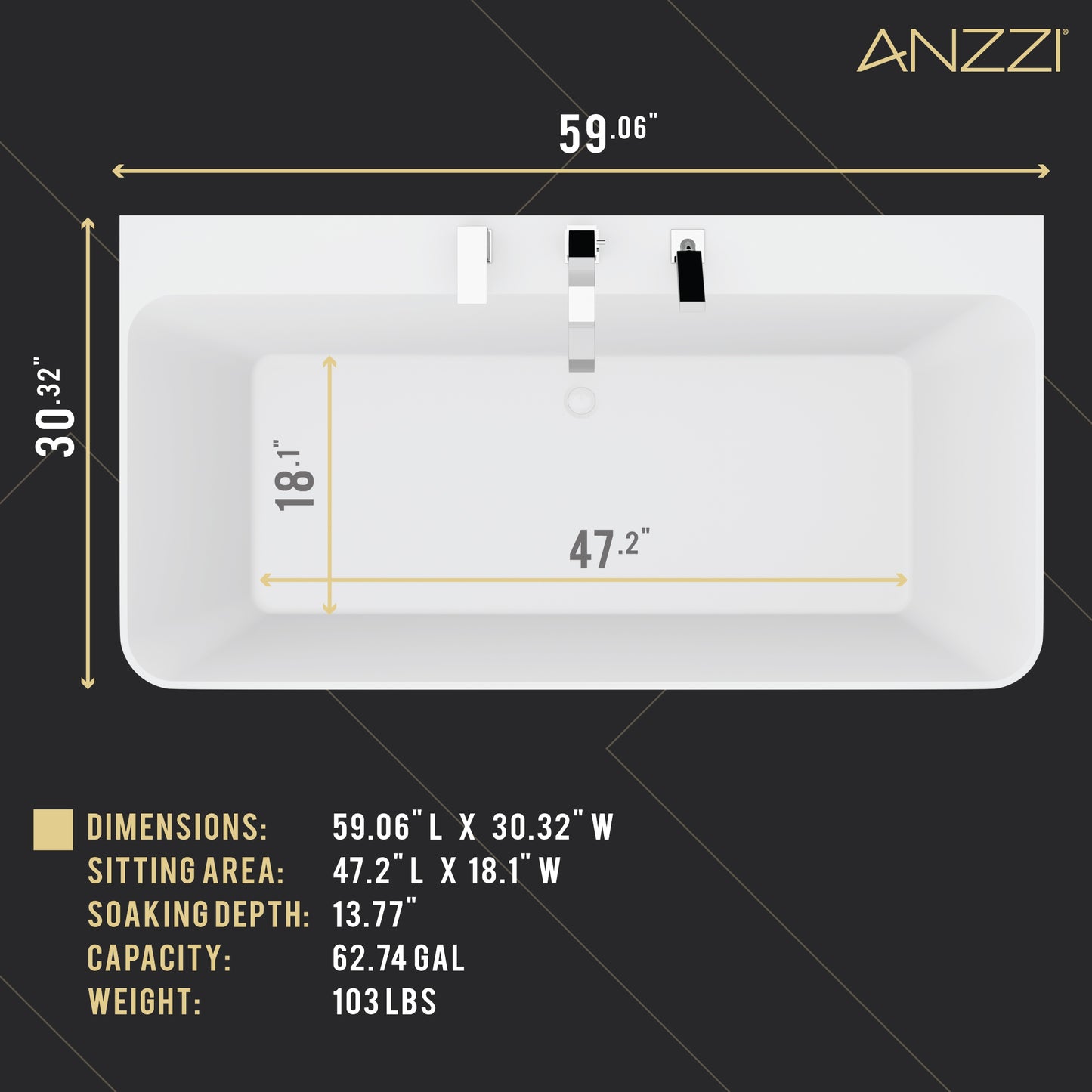 Vault Series 59 in. x 30 in. Flat Bottom Acrylic Freestanding Soaking Bathtub with Center Drain and Faucet in White