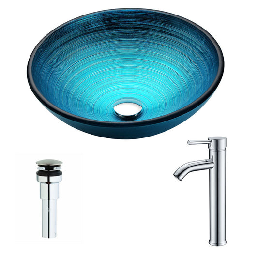 LSAZ045-041 - Enti Series Deco-Glass Vessel Sink in Lustrous Blue with Fann Faucet in Chrome