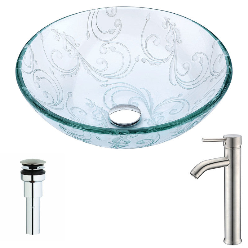 LSAZ065-040 - Vieno Series Deco-Glass Vessel Sink in Crystal Clear Floral with Fann Faucet in Brushed Nickel