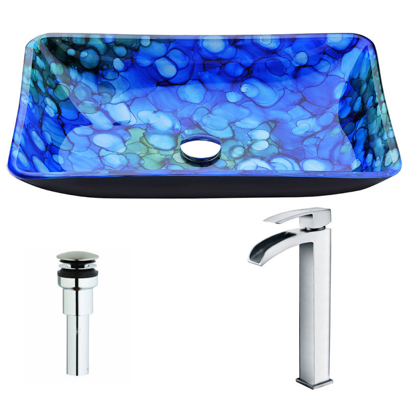 LSAZ040-097 - Voce Series Deco-Glass Vessel Sink in Lustrous Blue with Key Faucet in Polished Chrome
