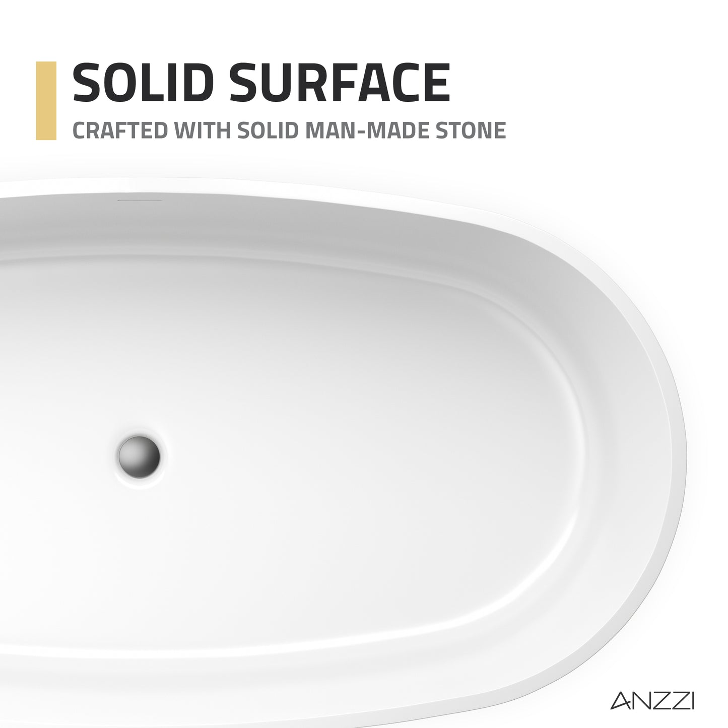 Roccia Series 61 in. x 31 in. Flat Bottom Solid Surface Freestanding Soaking Bathtub with Center Drain in Matte White