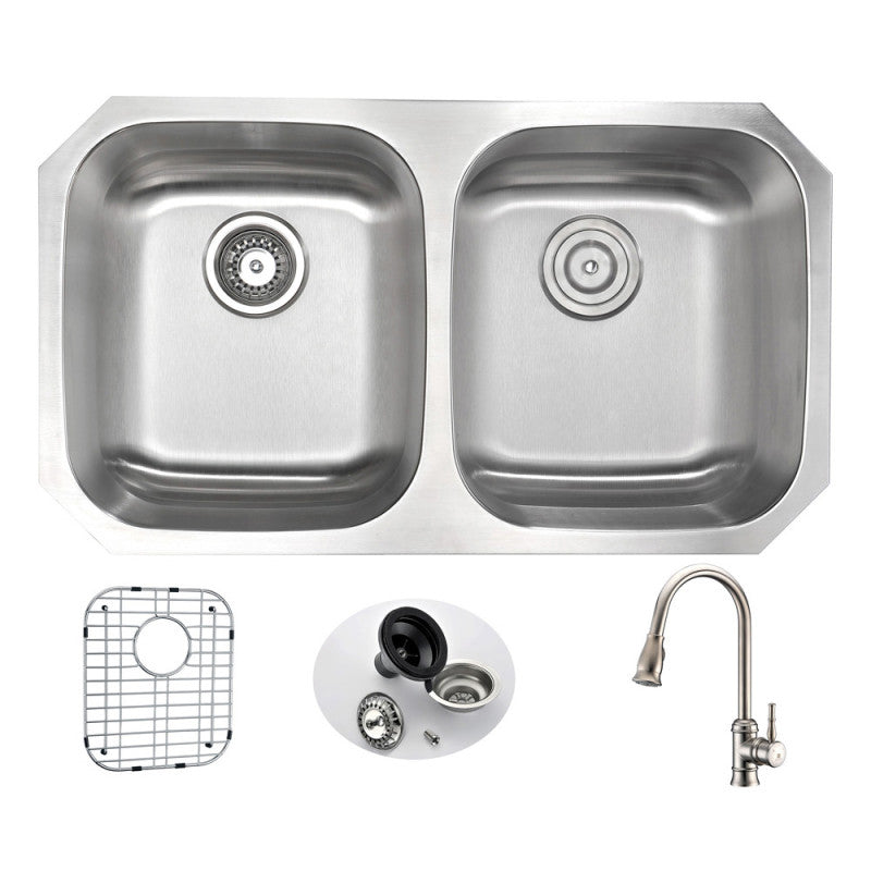 KAZ3218-130 - MOORE Undermount 32 in. Double Bowl Kitchen Sink with Sails Faucet in Brushed Nickel