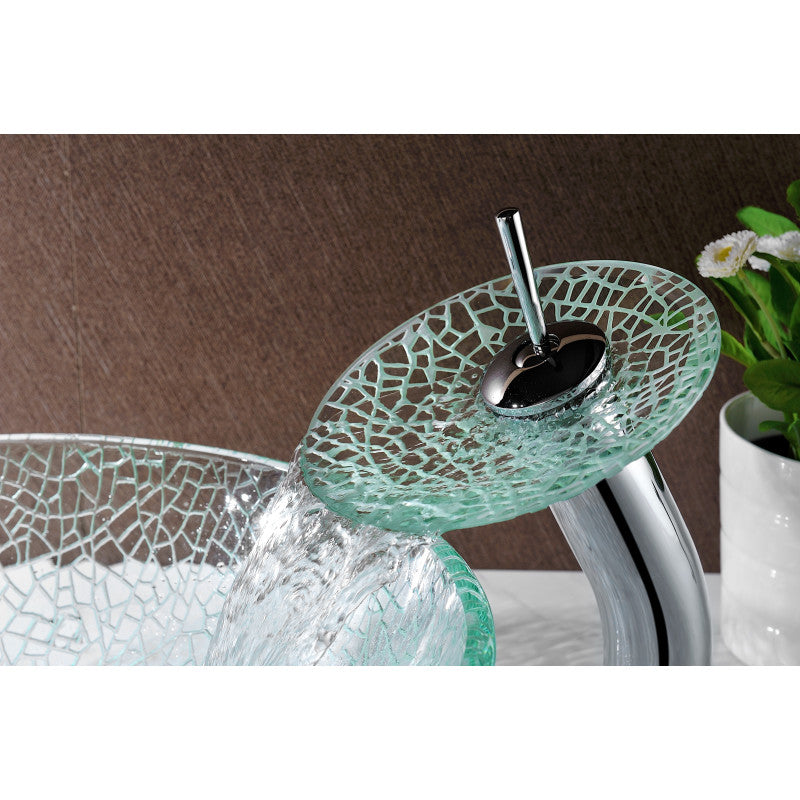 Paeva Series Deco-Glass Vessel Sink in Crystal Clear Chipasi with Matching Chrome Waterfall Faucet