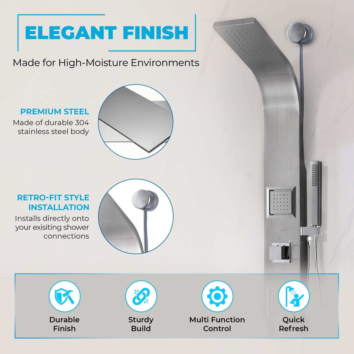 Aura 2-Jetted Shower Panel with Heavy Rain Shower & Spray Wand