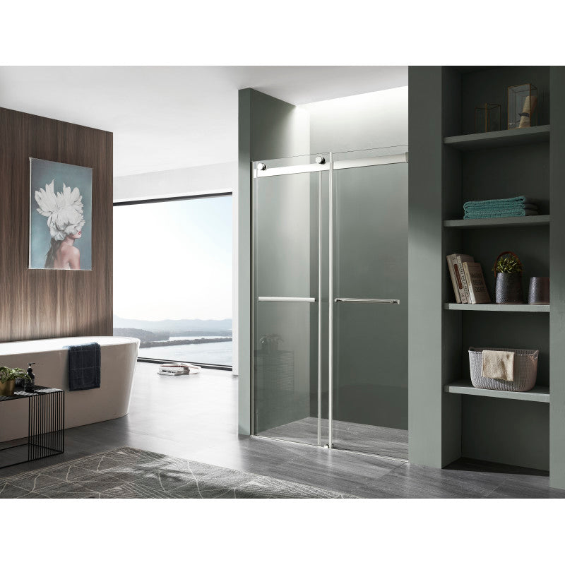 SD-FRLS05801CH - Kahn Series 48 in. x 76 in. H Sliding Frameless Shower Door in Chrome with Tsunami Guard Tempered Clear Glass and Handle