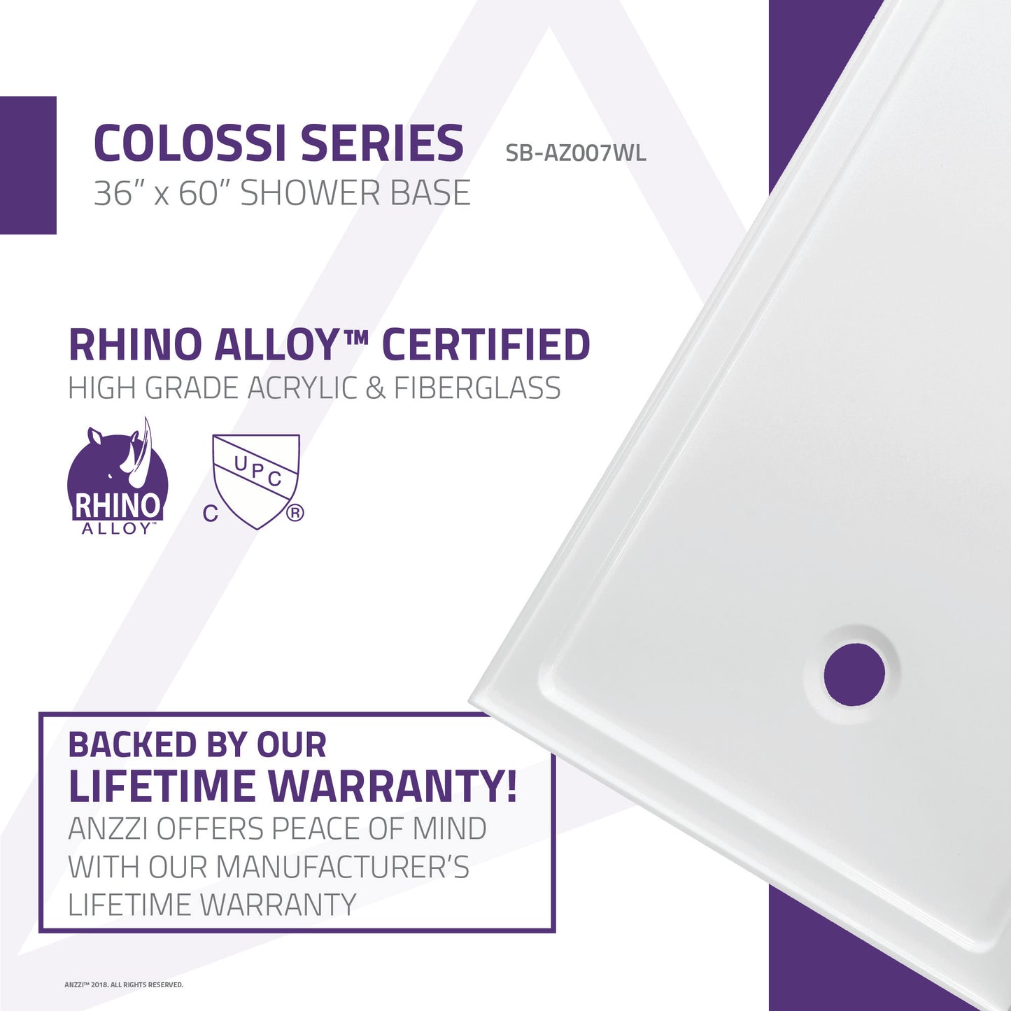Colossi Base Series 60 in. L x 36 in. W Alcove Shower Shower Pan Base with Left Drain in Glossy White Marine Acrylic