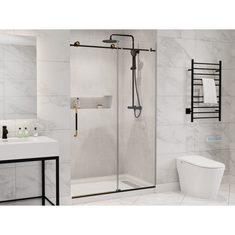 Madam Series 76-in. x 48-in. Frameless Sliding Shower Door in Matte Black and Brushed Gold