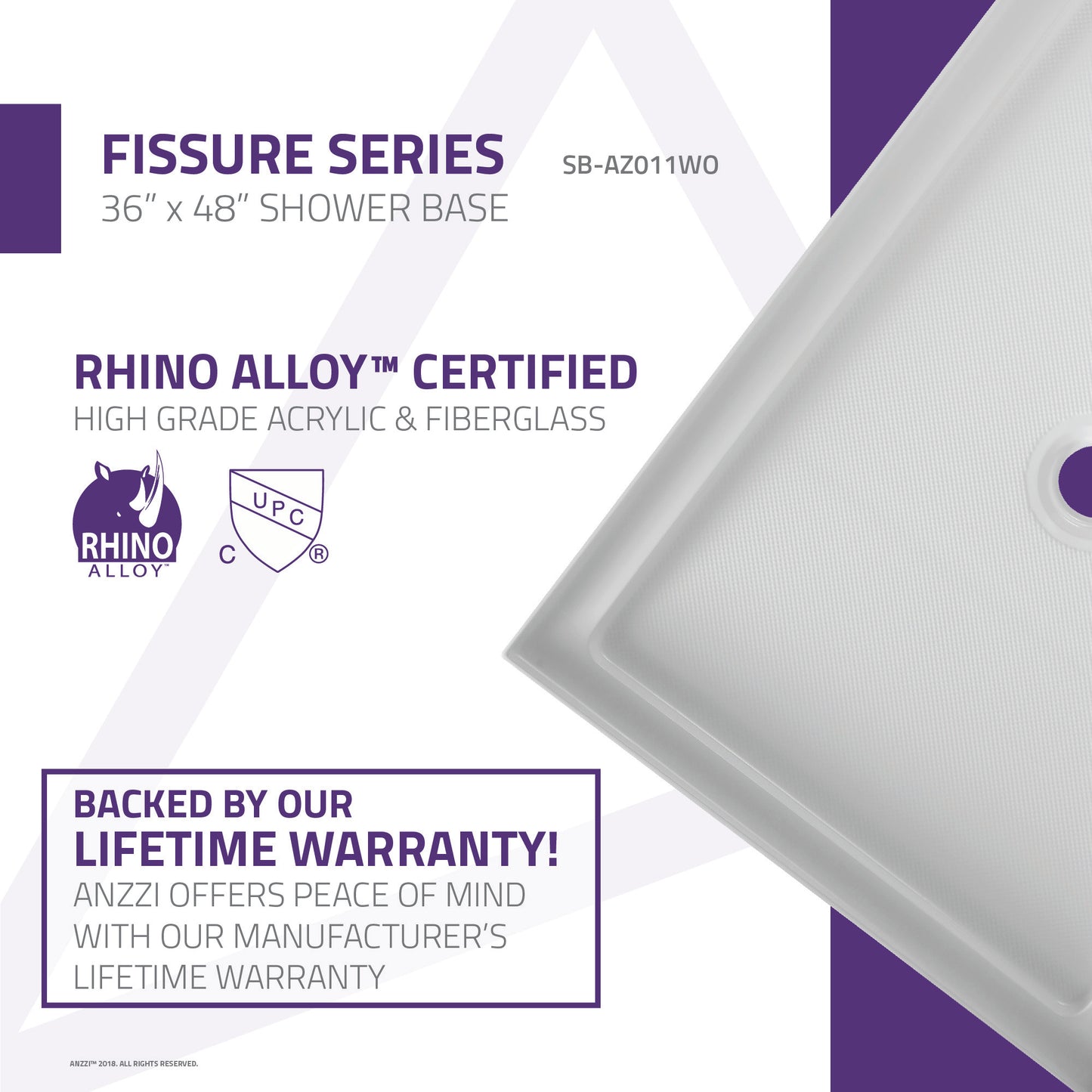 Fissure Base Series 36 in. L x 48 in. W Alcove Shower Shower Pan Base with Center Drain in Glossy White Marine Acrylic