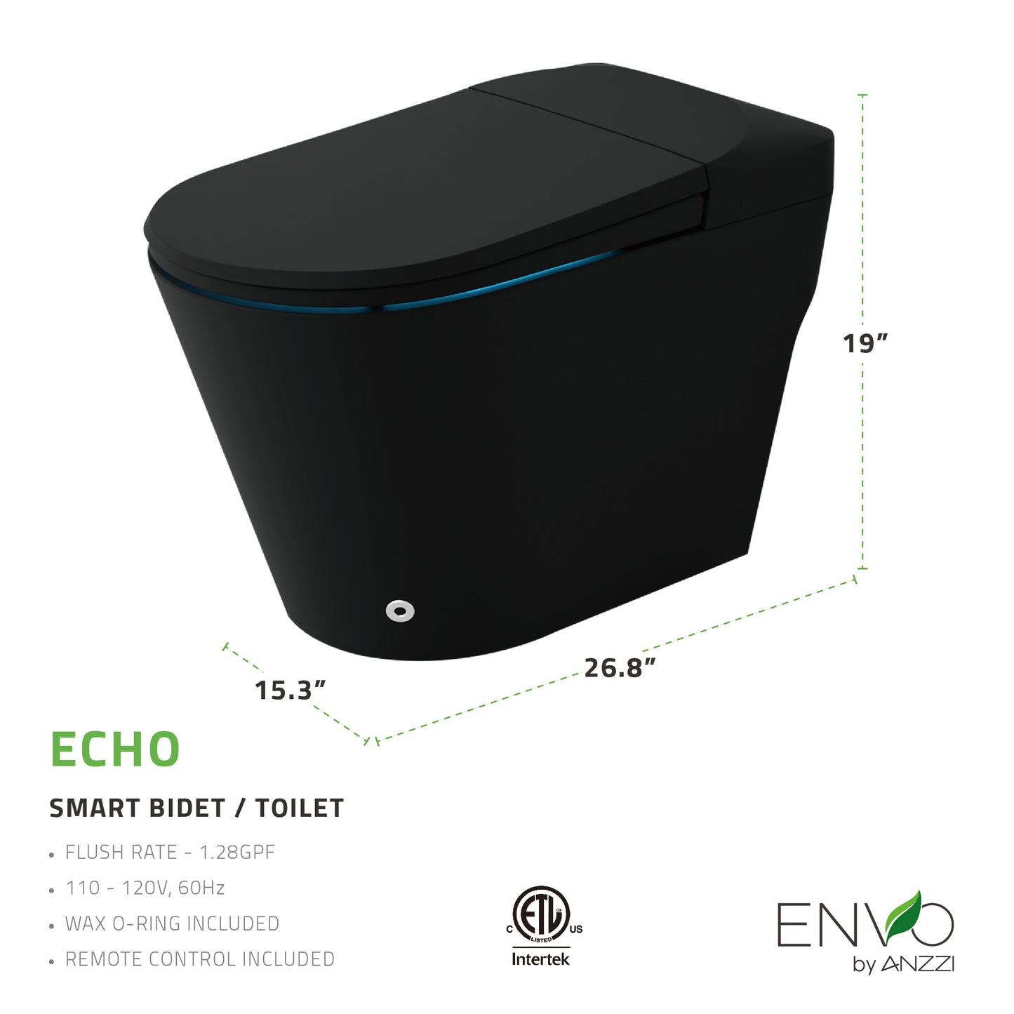 ENVO Echo Elongated 1.28 GPF Smart Bidet Toilet in Matte Black with Auto Open, Auto Close, Auto Flush, and Heated Seat