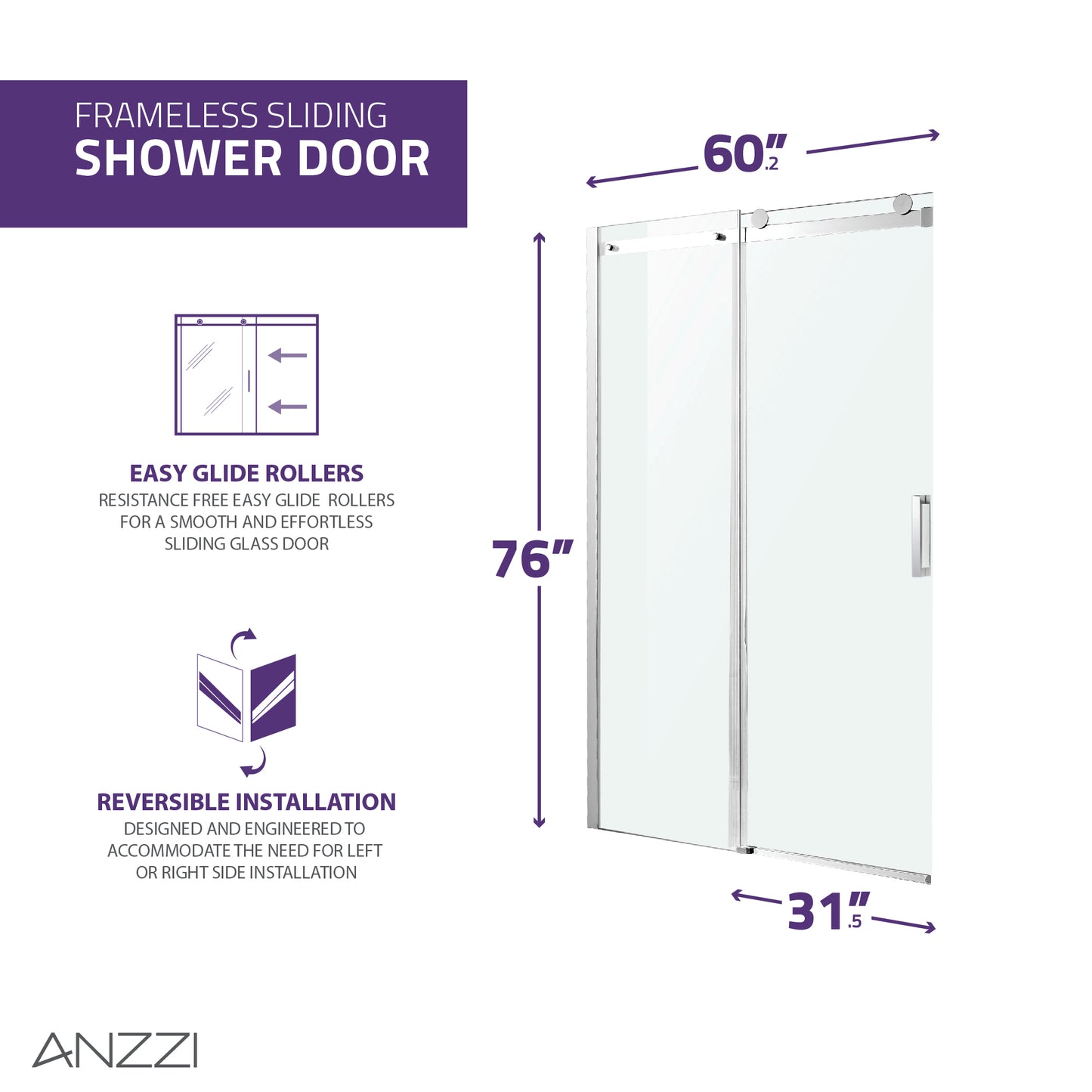 Rhodes Series 60 in. x 76 in. Frameless Sliding Shower Door with Handle