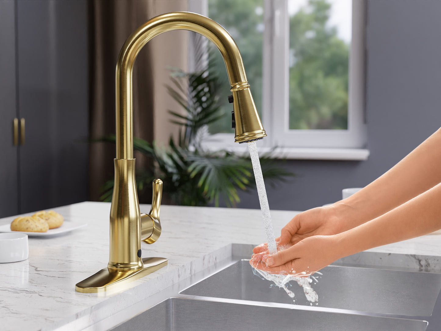 KF-AZ301BG - Sifo Hands Free Touchless 1-Handle Pull-Down Sprayer Kitchen Faucet with Motion Sense and Fan Sprayer in Brushed Gold