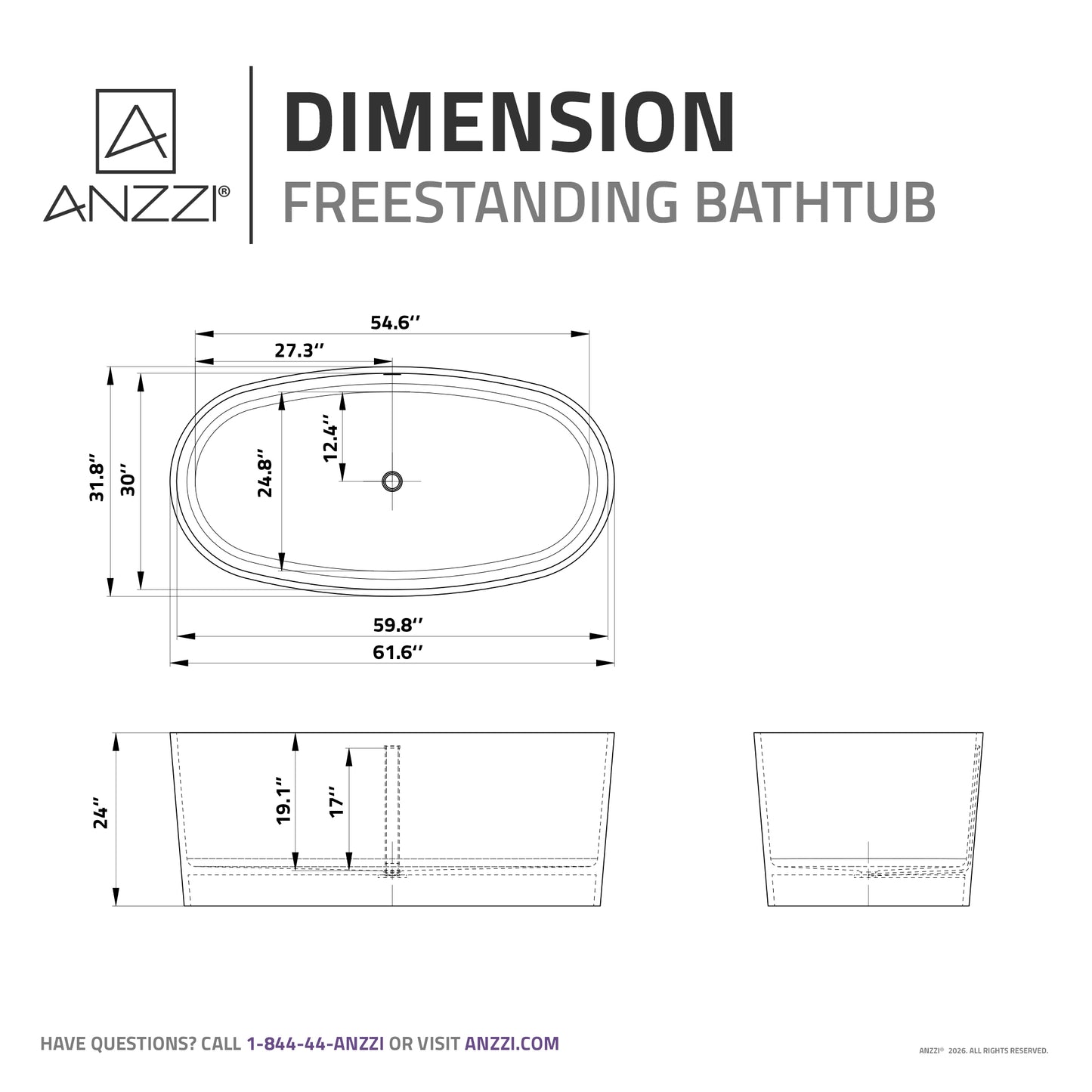 Bellentin Series 61 in. x 31 in. Flat Bottom Solid Surface Freestanding Soaking Bathtub with Center Drain in Matte White