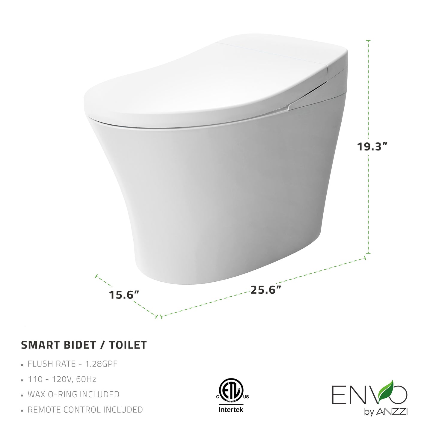 ENVO Juno Elongated 1.28 GPF Smart Bidet Toilet in White with Remote Control, Heated Seat, Auto Flush, and Water Filter