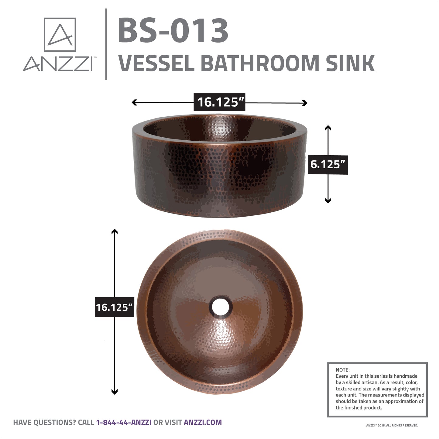 Triens Series 16 in. L x 16. W Handcrafted Round Bathroom Vessel Sink with Center Push Drain in Hammered Antique Copper