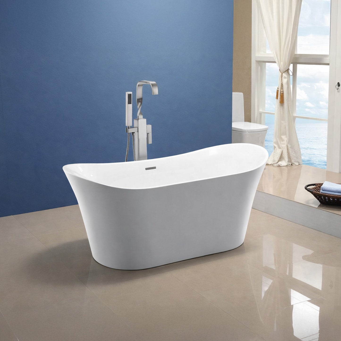 Eft Series 67 in. x 31 in. Flat Bottom Acrylic Freestanding 56 Gallon Soaking Bathtub with Center Drain in Glossy White