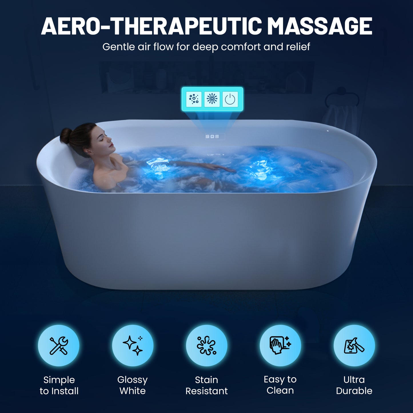 Jericho Series 67 in. x 32 in. Flat Bottom Acrylic Freestanding Air Jetted Bathtub with Center Drain in Glossy White