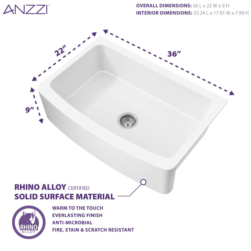 Prisma Series Farmhouse Solid Surface 36 in. 0-Hole Single Bowl Kitchen Sink with 1 Strainer in Matte White