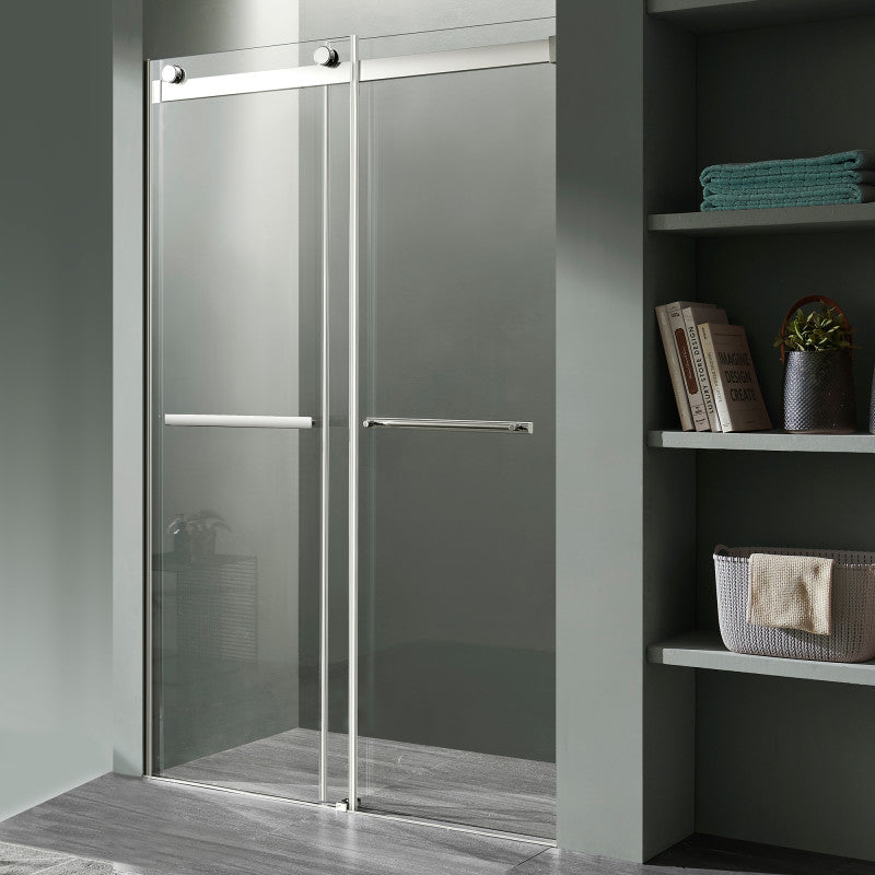 SD-FRLS05801CH - Kahn Series 48 in. x 76 in. H Sliding Frameless Shower Door in Chrome with Tsunami Guard Tempered Clear Glass and Handle