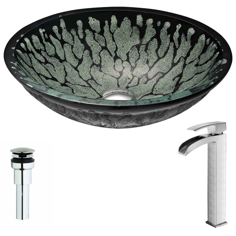 LSAZ043-097B - Bravo Series Deco-Glass Vessel Sink in Lustrous Black with Key Faucet in Brushed Nickel
