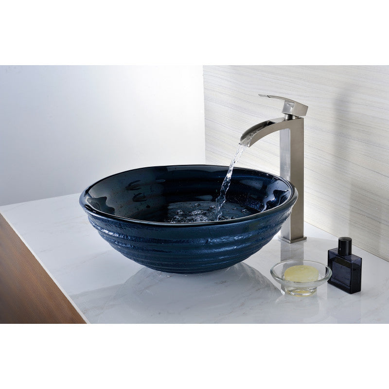 Rongomae Series Deco-Glass Vessel Sink in Coiled Blue