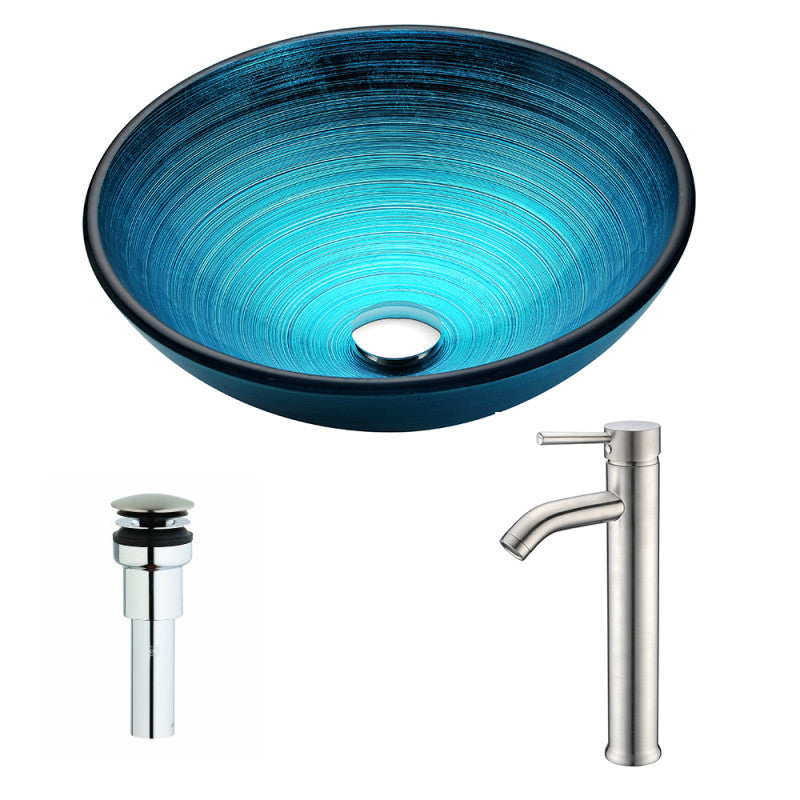 LSAZ045-040 - Enti Series Deco-Glass Vessel Sink in Lustrous Blue with Fann Faucet in Brushed Nickel