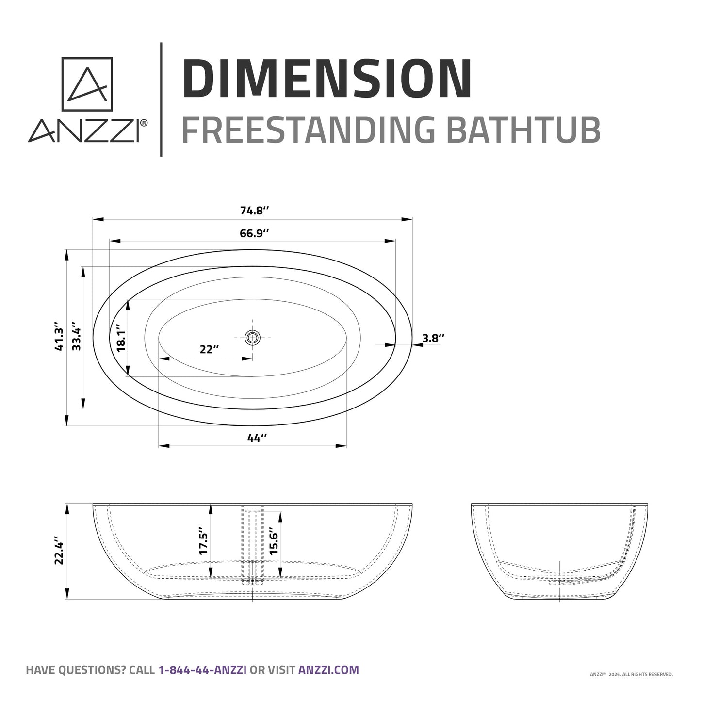 Lusso Series 76 in. x 41 in. Flat Bottom Solid Surface Freestanding Soaking Bathtub with Center Drain in Matte White