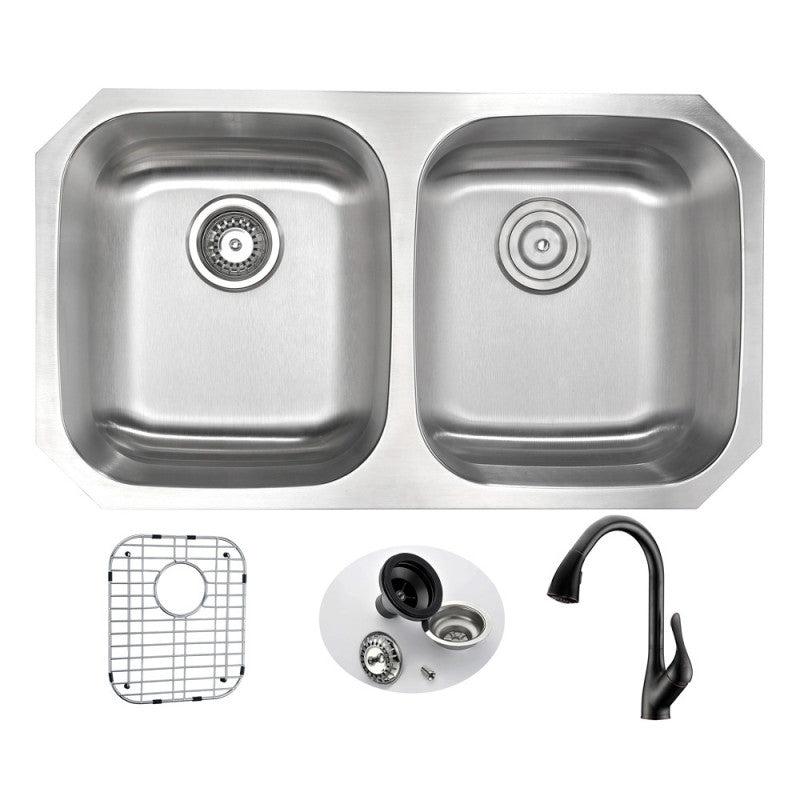 KAZ3218-031O - MOORE Undermount 32 in. Double Bowl Kitchen Sink with Accent Faucet in Oil Rubbed Bronze