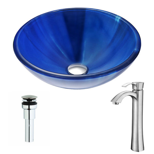 Meno Series Deco-Glass Vessel Sink in Lustrous Blue with Harmony Faucet in Brushed Nickel