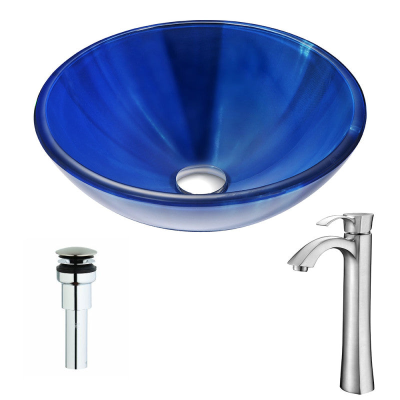 Meno Series Deco-Glass Vessel Sink in Lustrous Blue with Harmony Faucet in Brushed Nickel