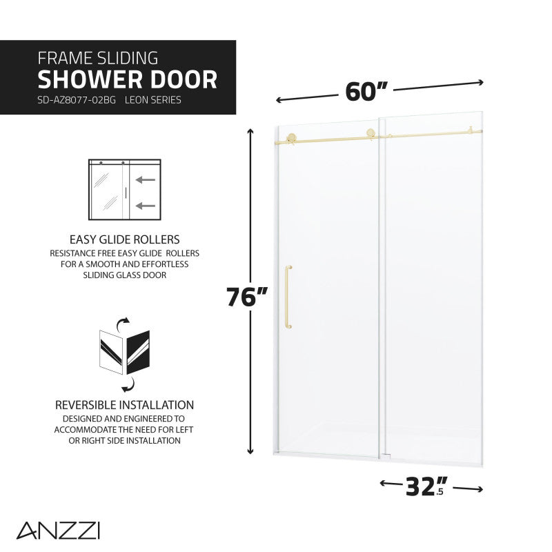 Leon Series 60 in. by 76 in. Frameless Sliding Shower Door in Brushed Gold with Handle
