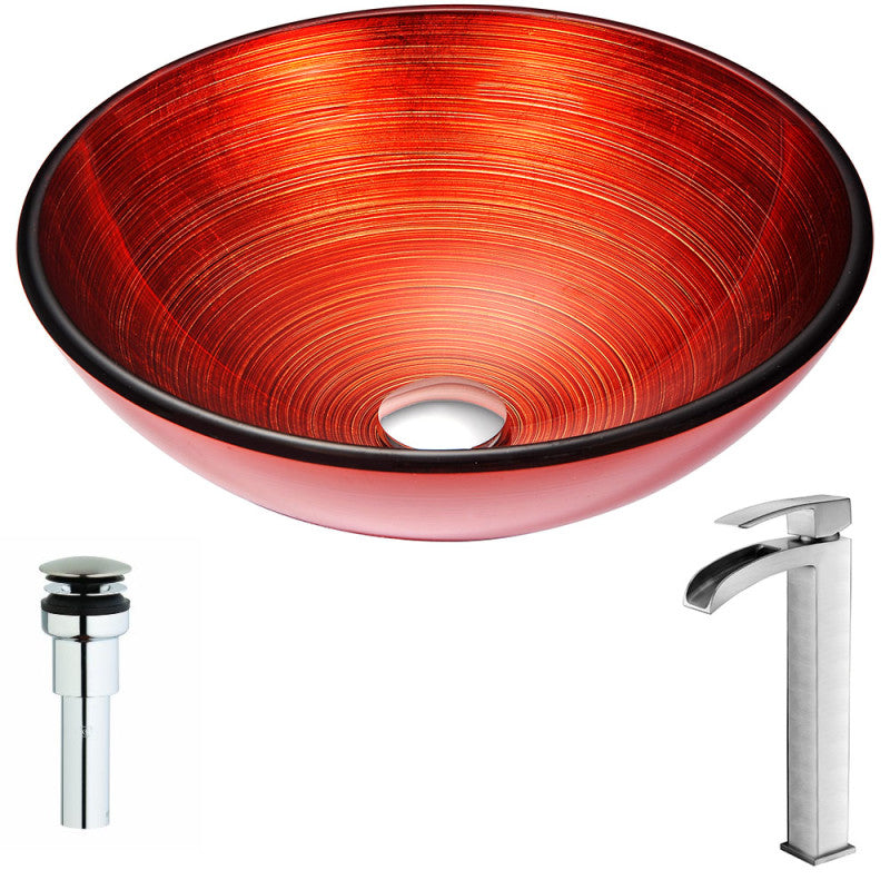 Echo Series Deco-Glass Vessel Sink in Lustrous Red with Key Faucet in Brushed Nickel