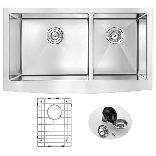 Elysian Farmhouse Stainless Steel 33 in. 0-Hole 60/40 Double Bowl Kitchen Sink in Brushed Satin