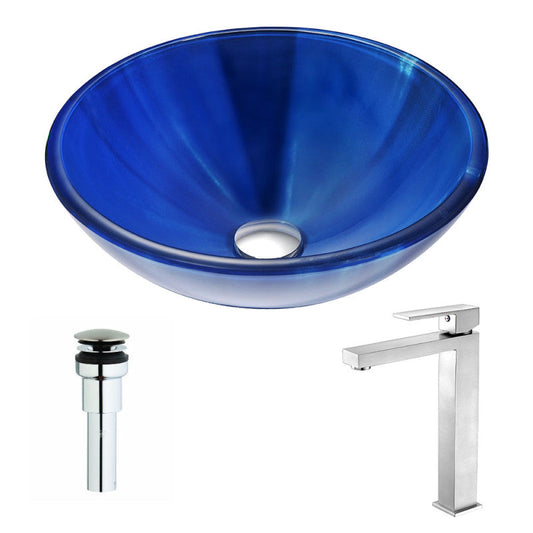 Meno Series Deco-Glass Vessel Sink in Lustrous Blue with Enti Faucet in Brushed Nickel