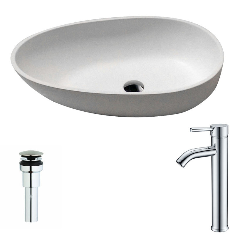Trident 1-Piece Solid Surface Vessel Sink in Matte White with Fann Faucet in Chrome