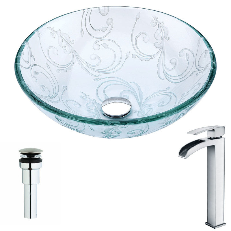 LSAZ065-097 - Vieno Series Deco-Glass Vessel Sink in Crystal Clear Floral with Key Faucet in Polished Chrome