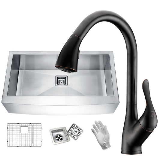 Elysian Farmhouse 32 in. Single Bowl Kitchen Sink with Faucet in Oil Rubbed Bronze