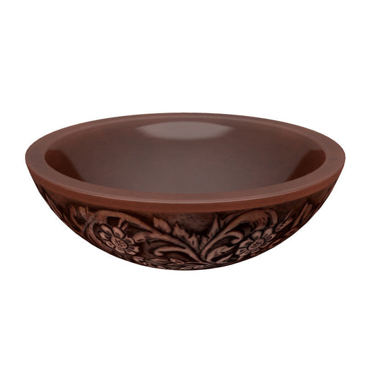 Swell 16 in. Handmade Vessel Sink in Polished Antique Copper with Floral Design Exterior
