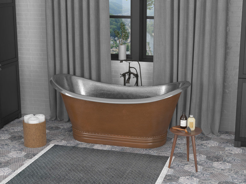 BT-005 - Ionian 67 in. Handmade Copper Double Slipper Flatbottom Non-Whirlpool Bathtub in Hammered Antique Copper