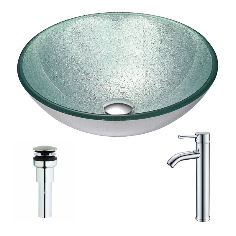 Spirito Series Deco-Glass Vessel Sink in Churning Silver with Fann Faucet in Brushed Nickel