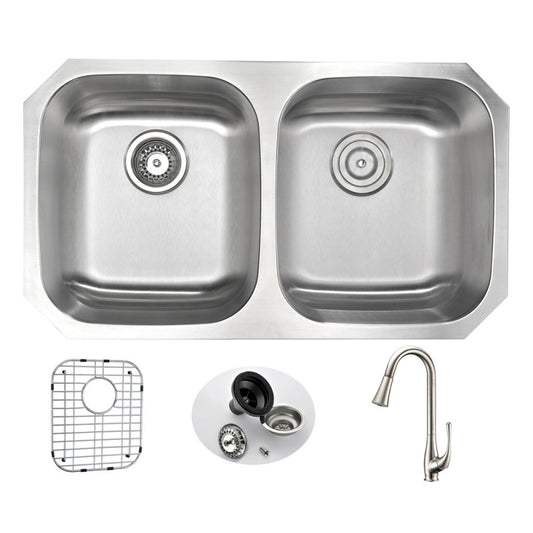 MOORE Undermount 32 in. Double Bowl Kitchen Sink with Singer Faucet in Brushed Nickel