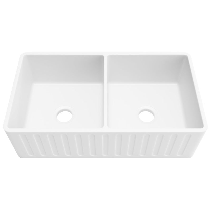 Roine Farmhouse Reversible Apron Front Solid Surface 33 in. 50/50 Basin Kitchen Sink in White