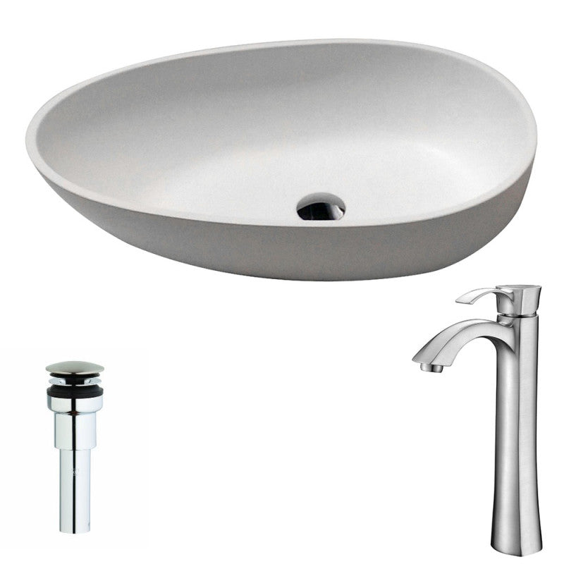 Trident One Piece Solid Surface Vessel Sink in Matte White with Harmony Faucet in Brushed Nickel