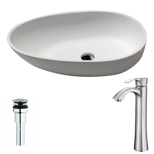 Trident One Piece Solid Surface Vessel Sink in Matte White with Harmony Faucet in Brushed Nickel