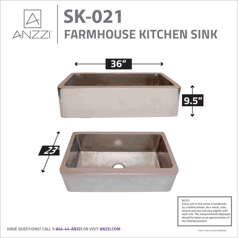 Parthia Farmhouse Handmade Copper 36 in. 0-Hole Single Bowl Kitchen Sink in Hammered Nickel