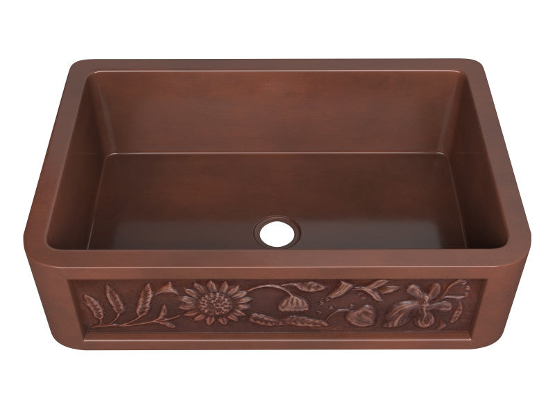 Anatolian Farmhouse Handmade Copper 33 in. 0-Hole Single Bowl Kitchen Sink with Sunflower Design Panel in Polished Antique Copper